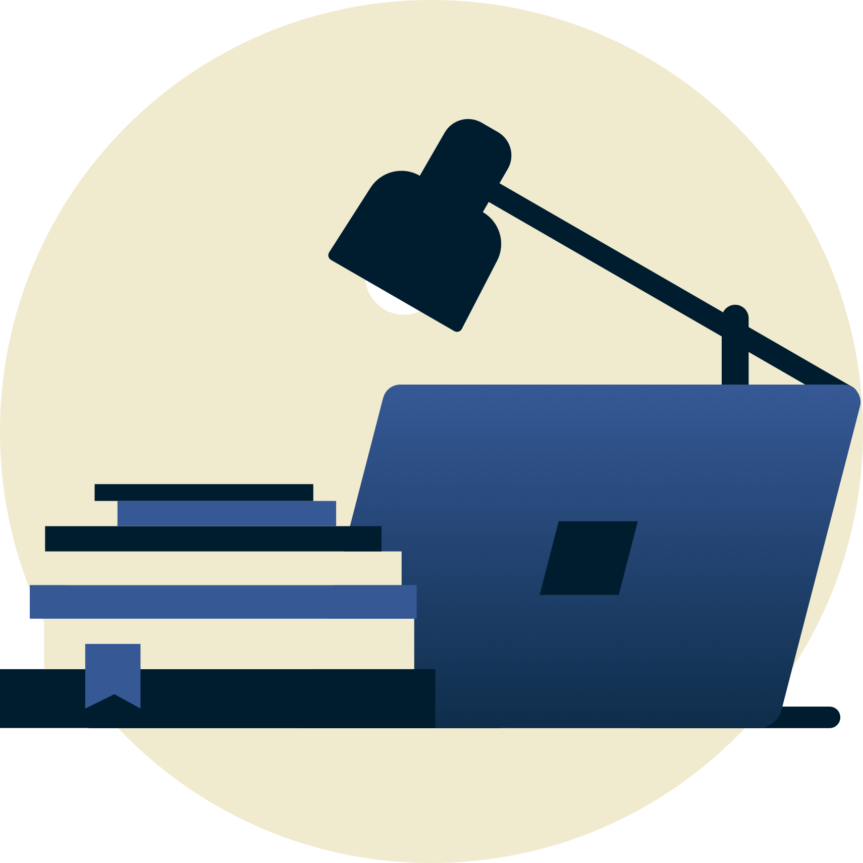 Lampan över skolböckerna och den bärbara datorn är vänd bort från dig.