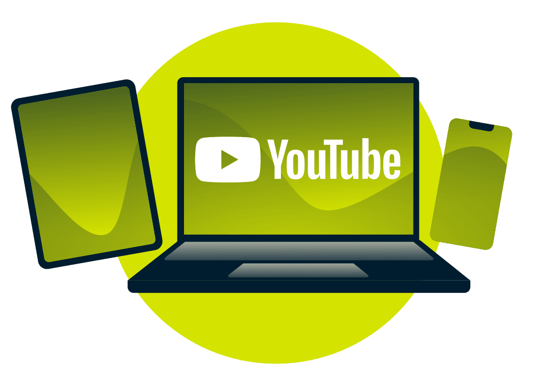 En bärbar dator, surfplatta och telefon med YouTube-logotypen.