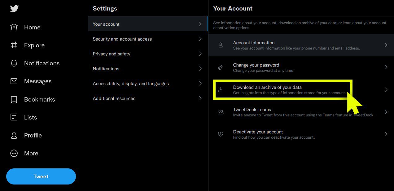 Download an archive of your Twitter data.