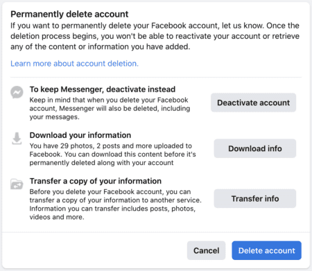 Page de suppression du compte Facebook.