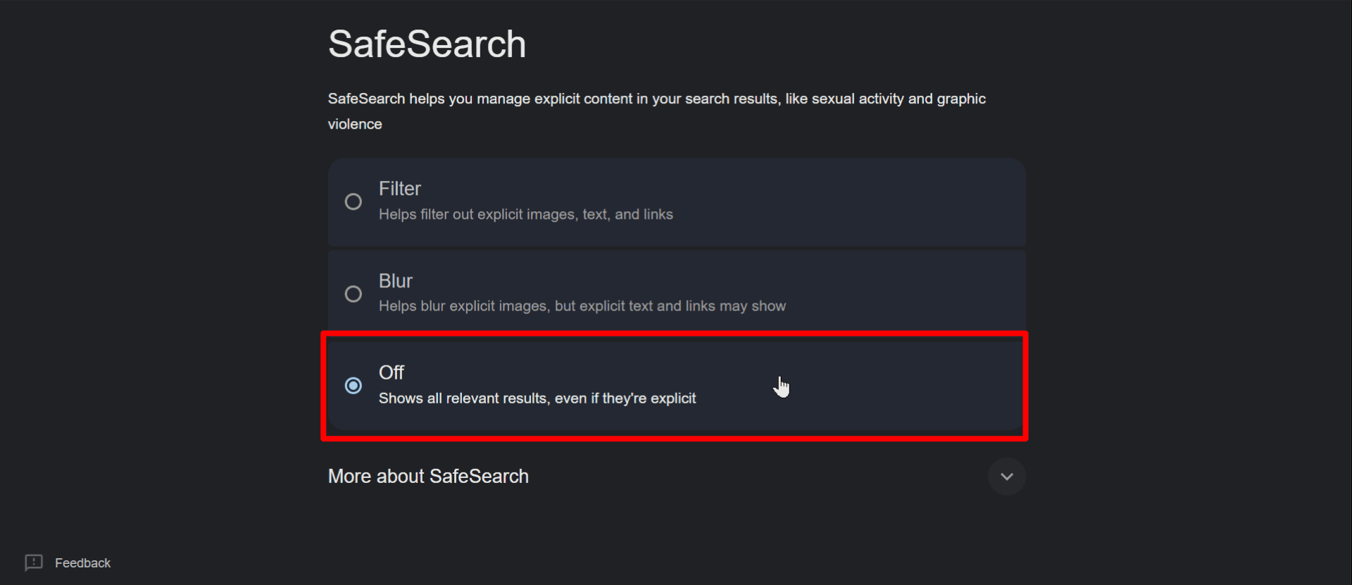 Désactivation des paramètres SafeSearch dans les paramètres de recherche Google.