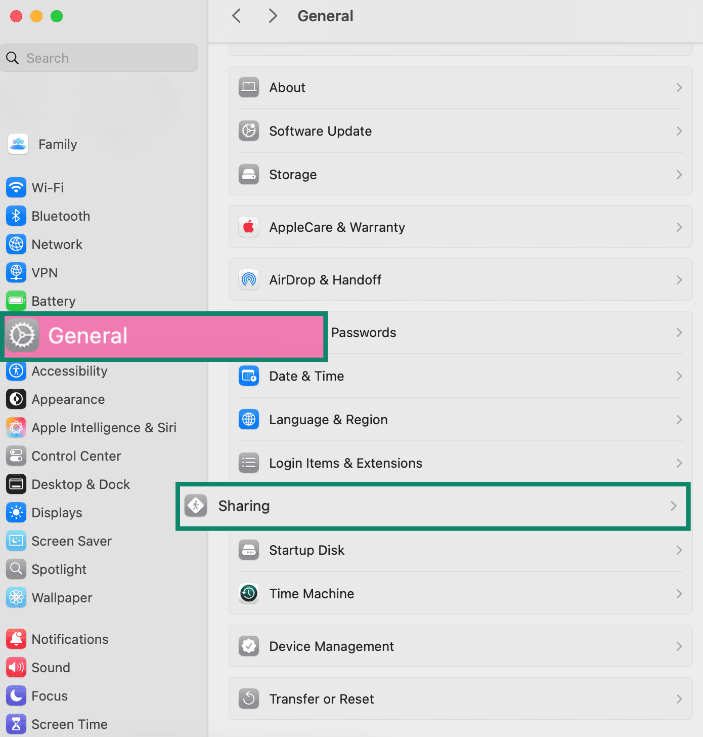 Mac system settings showing how to navigate to Sharing options under General to disable file sharing.