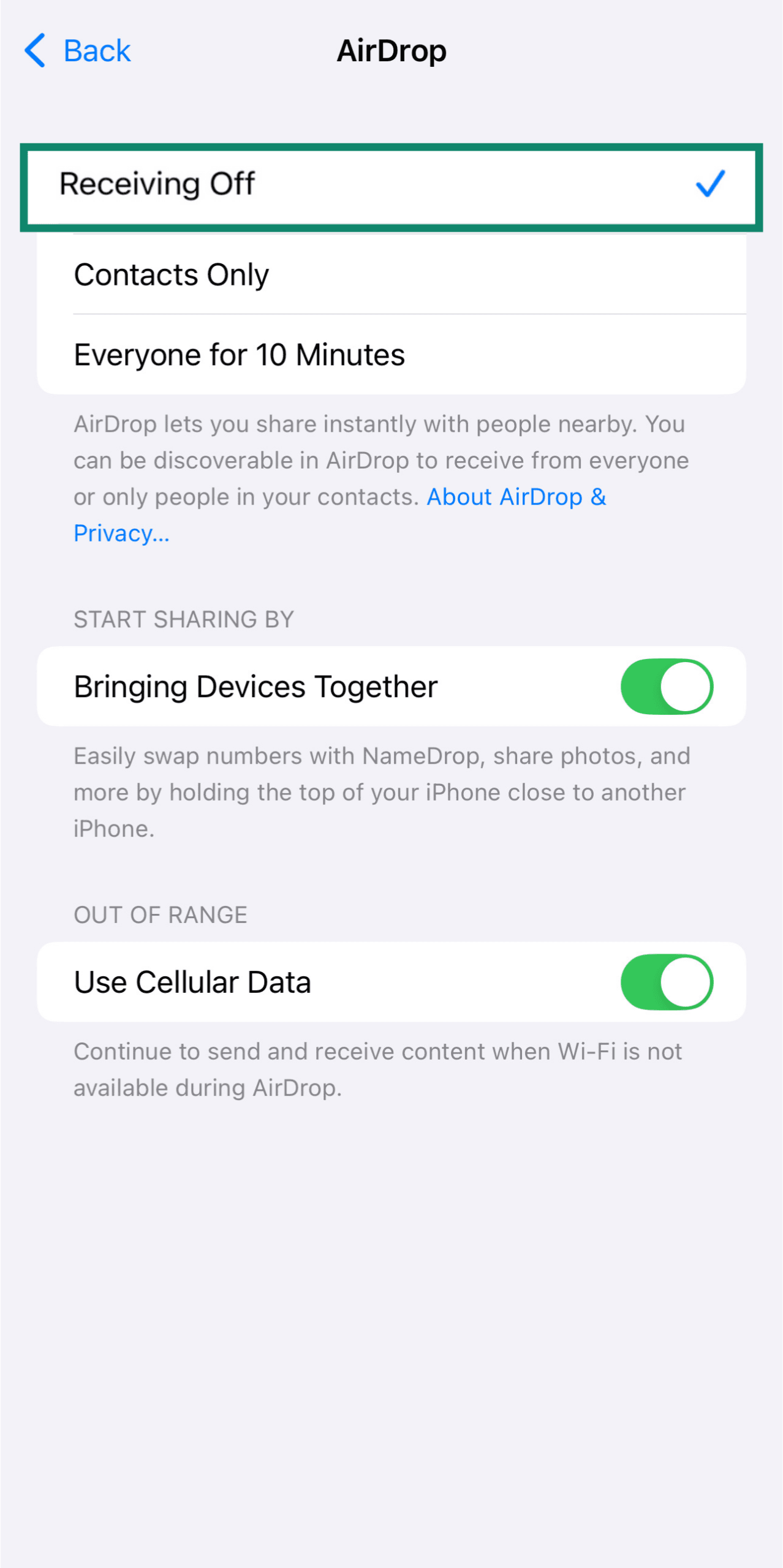 iOS screen showing Receiving off option.