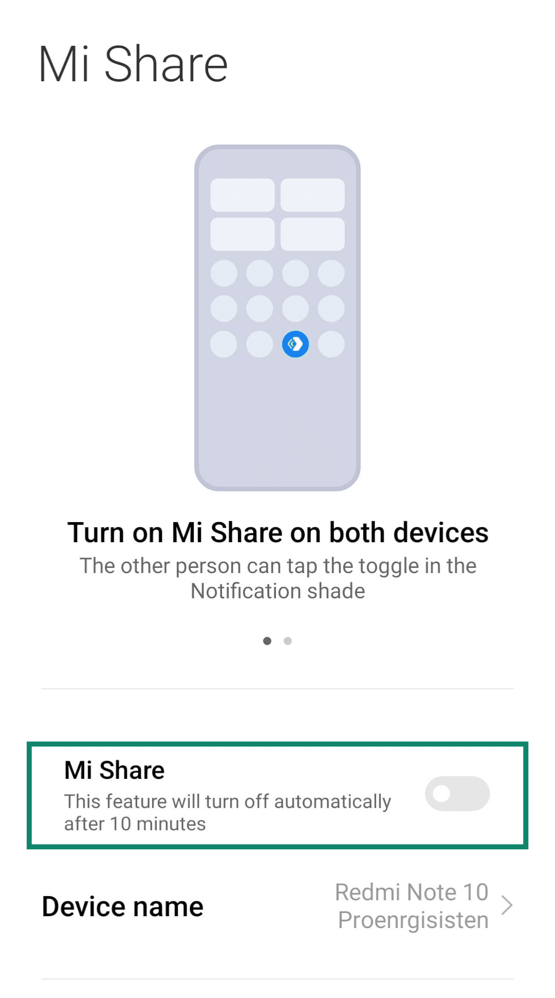 Android screen showing Mi Share untoggled.