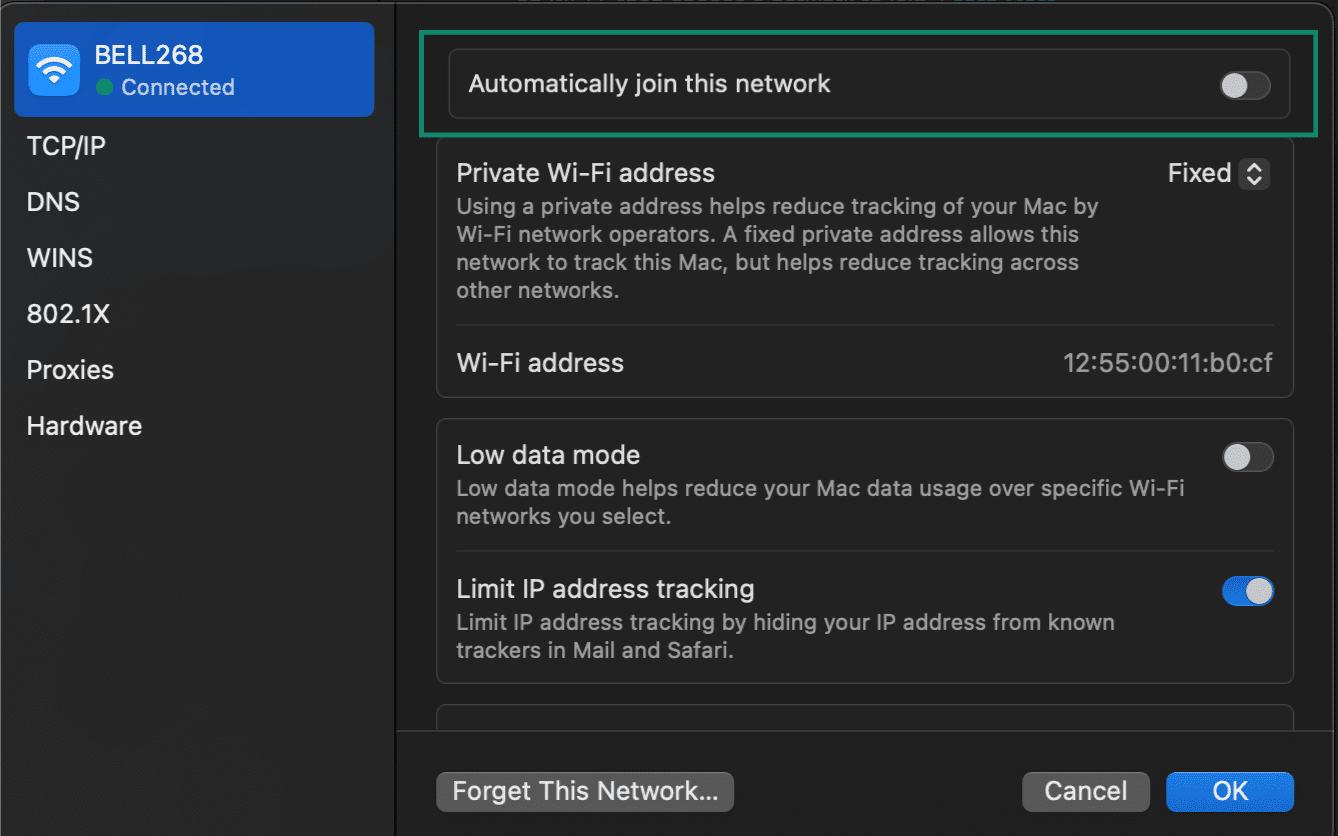 Wi-Fi settings on Mac showing the option to disable "Automatically join this network" for added security.