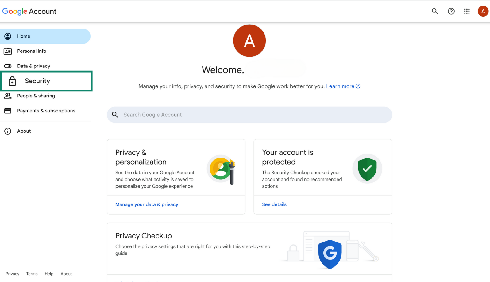 Google Account dashboard with the Security tab highlighted in the left-hand menu. 