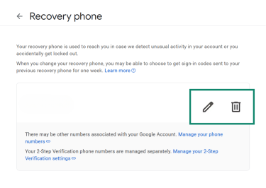 The Google Account security settings page shows the "Edit" and "Delete" icons highlighted.