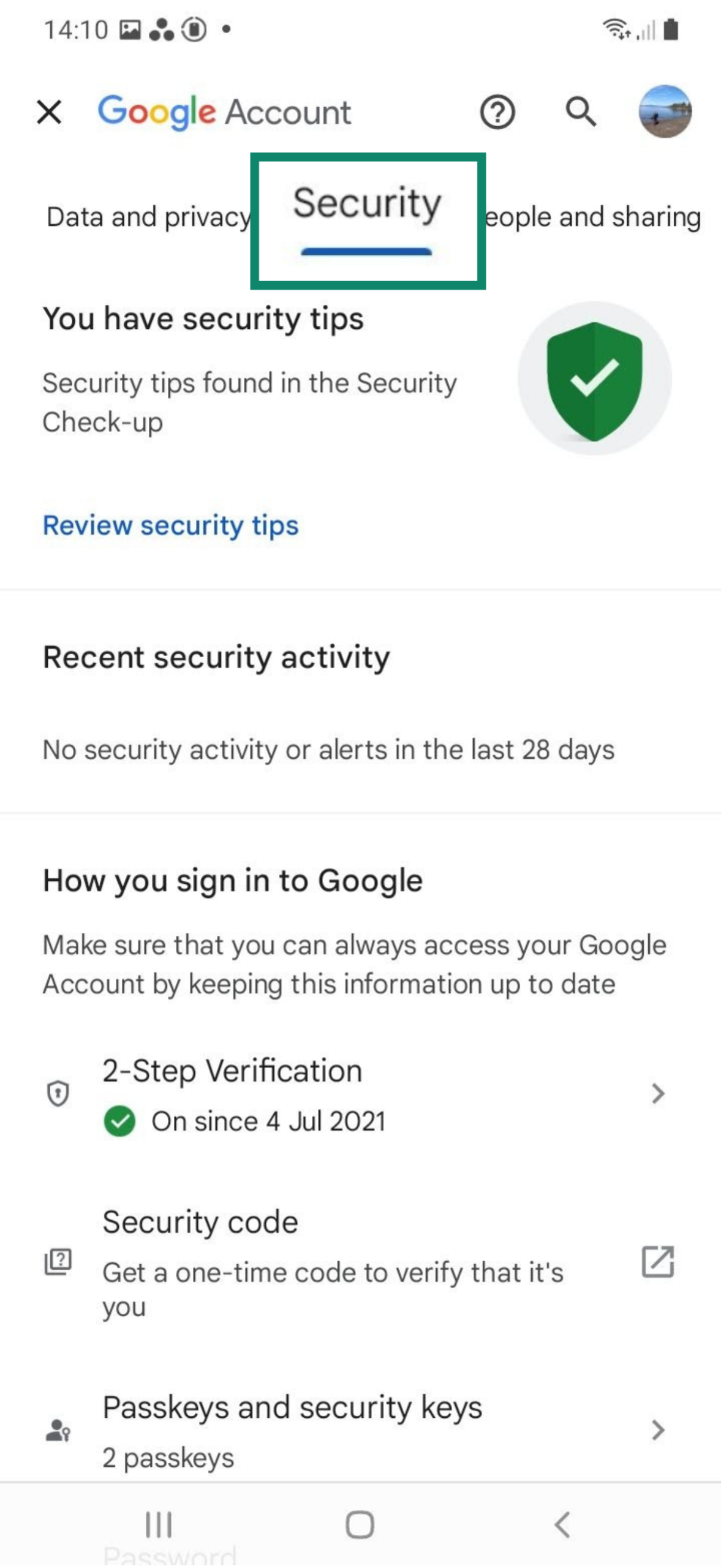 Swipe to the Security tab on Android.