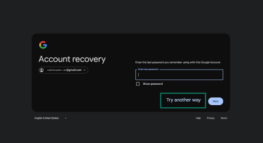 Google Account Recovery page showing the "Try another way" option highlighted.