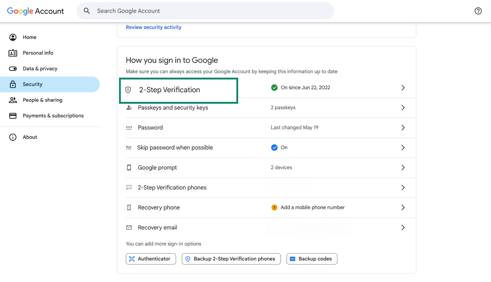 Google Account security settings showing 2-Step Verification as enabled.