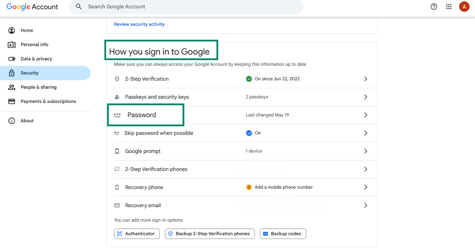 Google Account Security tab showing the How you sign in to Google section.