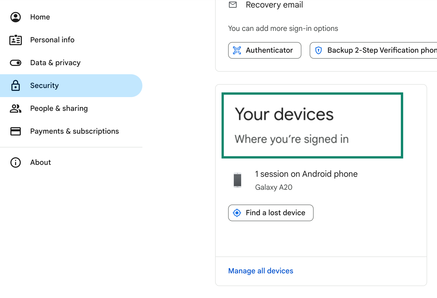 Your Devices option in Google account settings.