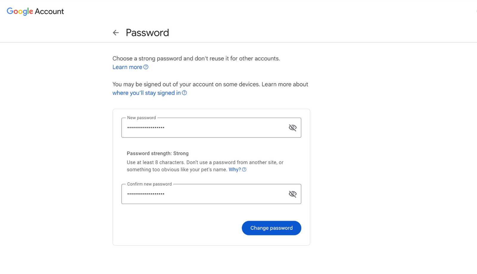 Google password change page.