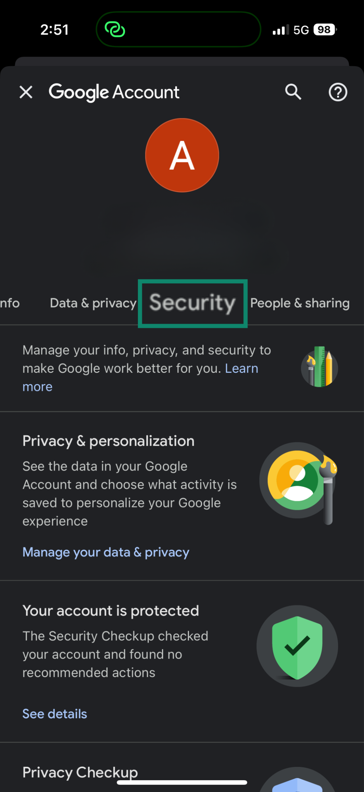 Google Account mobile interface showing user info and Security tab highlighted.