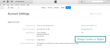 iTunes interface with the "Change Country or Region" option highlighted.