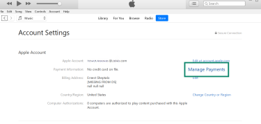 iTunes interface with the "Manage Payments" option highlighted.