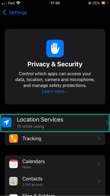 Privacy and Security menu, showing a highlighted "Location Services" option.