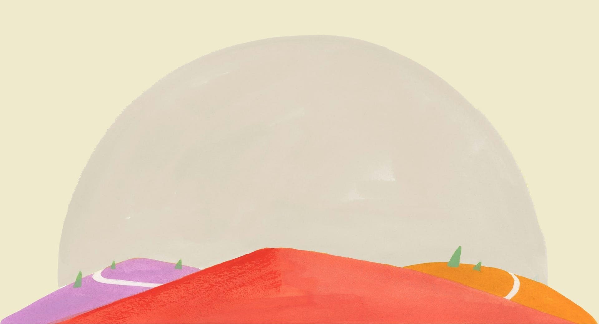 Ilustracja ExpressVPN przedstawiająca kolorowe ścieżki prowadzące przez wzgórze, symbolizujące bezpieczne, szybkie i globalne połączenia internetowe.