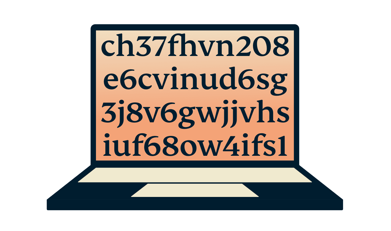 Лаптоп, показващ криптиран текст.